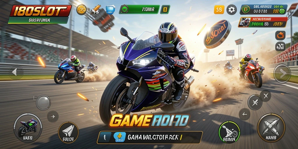 Screenshot gameplay 180SLOT menampilkan balapan motor yang intens dan mendebarkan.