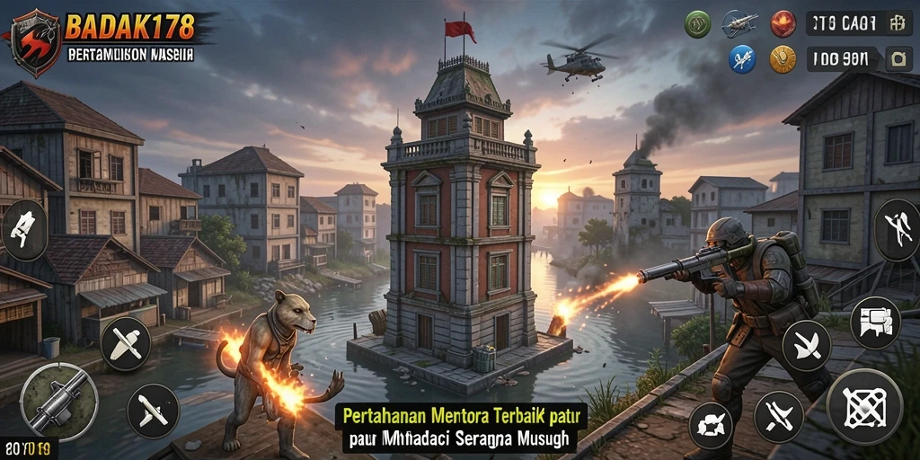 Screenshot dari gameplay BADAK178 menampilkan aksi menara pertahanan yang seru.