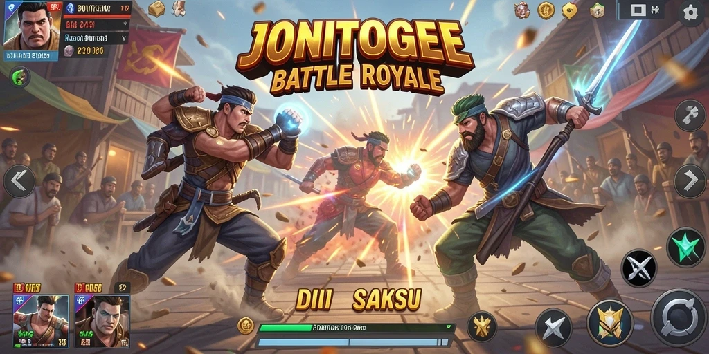 Screenshot gameplay JONITOGEL yang menampilkan aksi pertarungan Battle Royale.