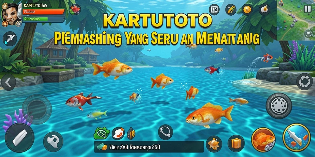 Gameplay KARTUTOTO menampilkan pemain menangkap ikan di laut yang indah.