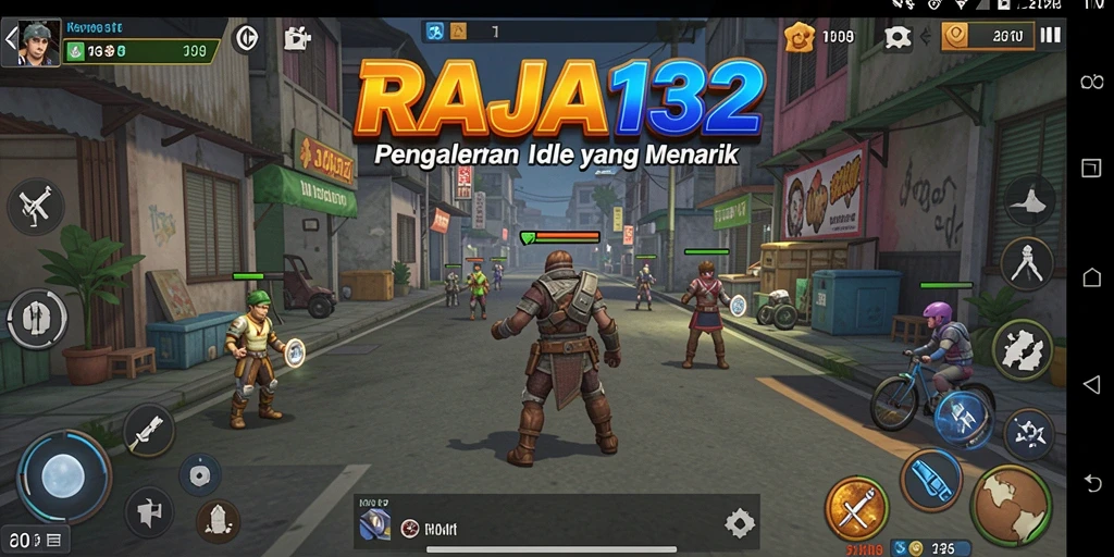 Gameplay Idle RAJA132 dengan karakter unik dan sumber daya yang dikelola otomatis.