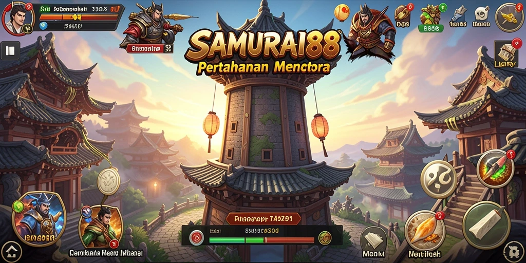 Tampilan menara dan serangan musuh dalam SAMURAI88.